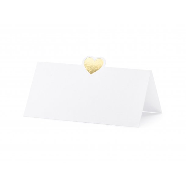 Bordkort - Hvite med gull hjerte - 10 stk