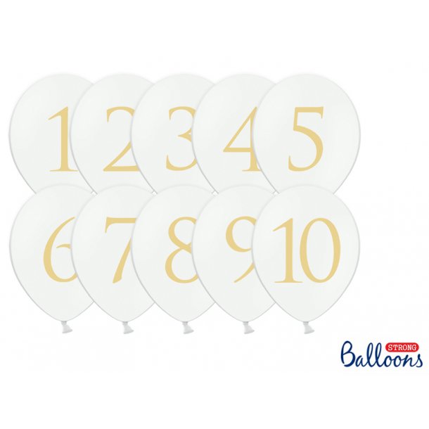 Ballonger - Bordnummer - Hvit og gull - 30 cm - 10 stk