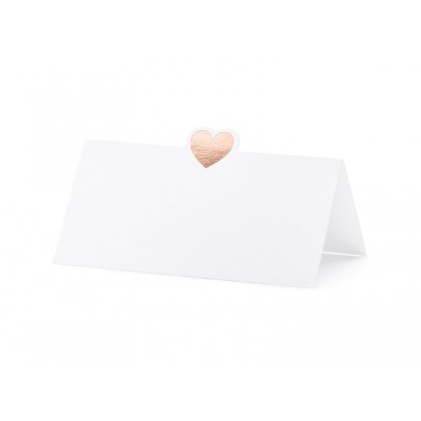 Bordkort - Hvite med rosgull hjerte - 10 stk